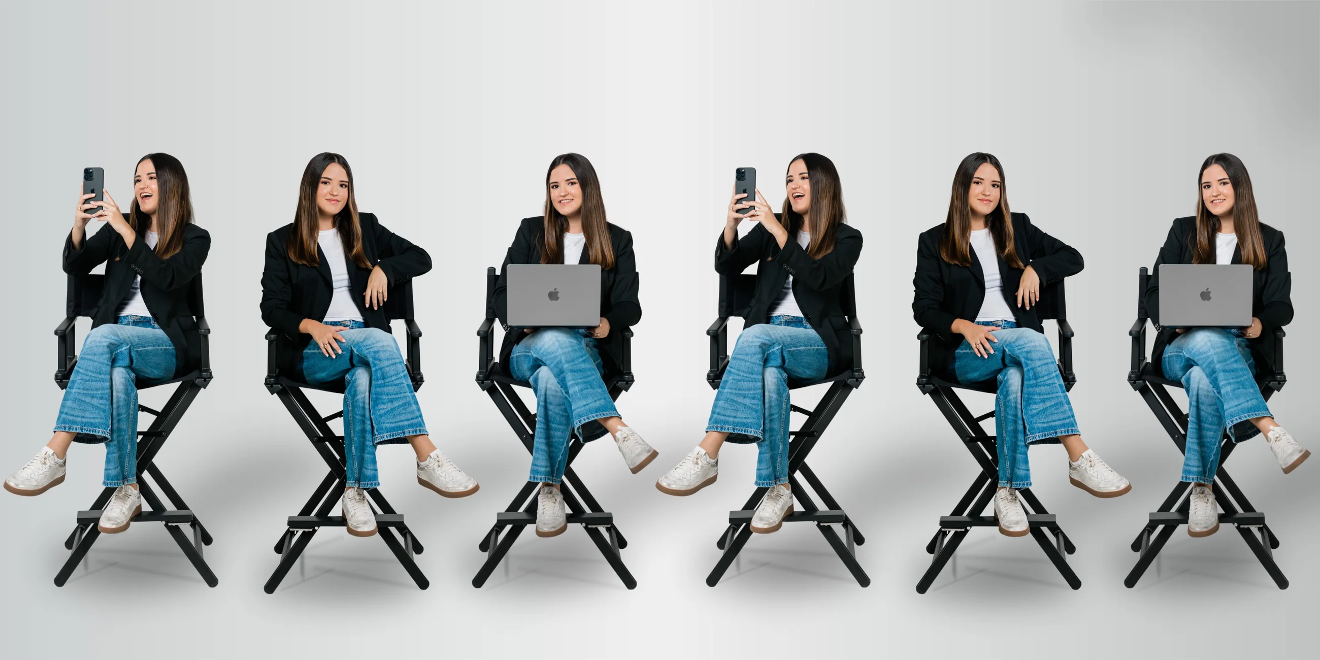 Camila, founder of ORIA Creative Studio, in six creative poses on a director's chair
